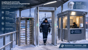 Уличный КПП промышленного предприятия зимой. Всепогодная арочная рамка в алюминиевом корпусе под металлическим навесом, на стойках виден иней, рядом турникет полного роста и будка охраны с подсветкой, сотрудник проходит через рамку в зимней спецодежде.