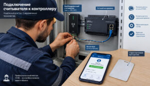 монтажник в технической нише подключает комбинированный считыватель к сетевому контроллеру по витой паре, на столе рядом лежат смартфон с открытым приложением пропуска и старая пластиковая карта доступа