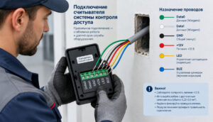 монтажник держит снятый со стены считыватель, из отверстия в стене выходит кабель с разноцветными жилами; видны подписи на клеммах Data0, Data1, GND, +12V, LED, BUZ